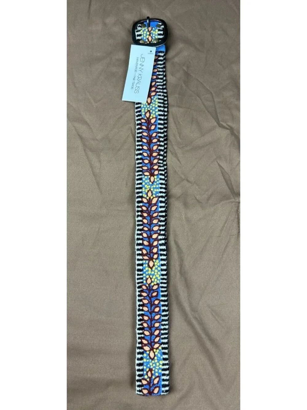 Jenny Krauss NWT Embroidered Wool Belt Size L Blue Boho Handmade Peru Fair Trade